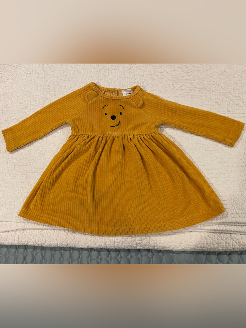 Hanna Andersson Disney Winnie the Pooh Mustard Yellow Corduroy Bear Dress 12-18m